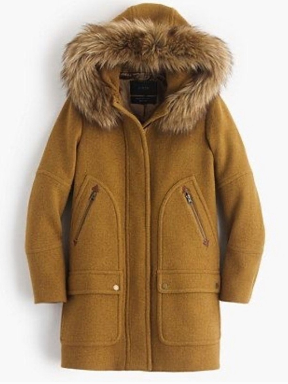 J.Crew camel colored Italian Stadium cloth NELLO GORI coat removable hood 8P